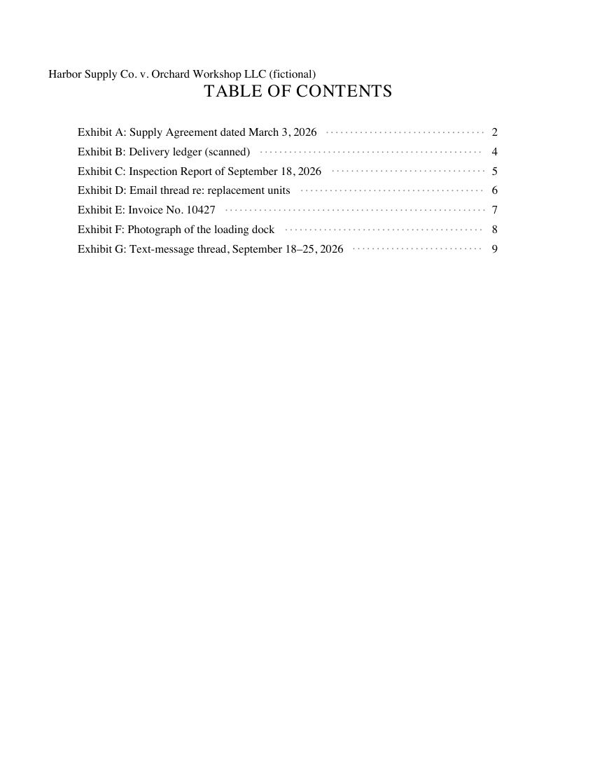 The packet's contents page: the fictional caption, then seven exhibit entries with their descriptions and page numbers