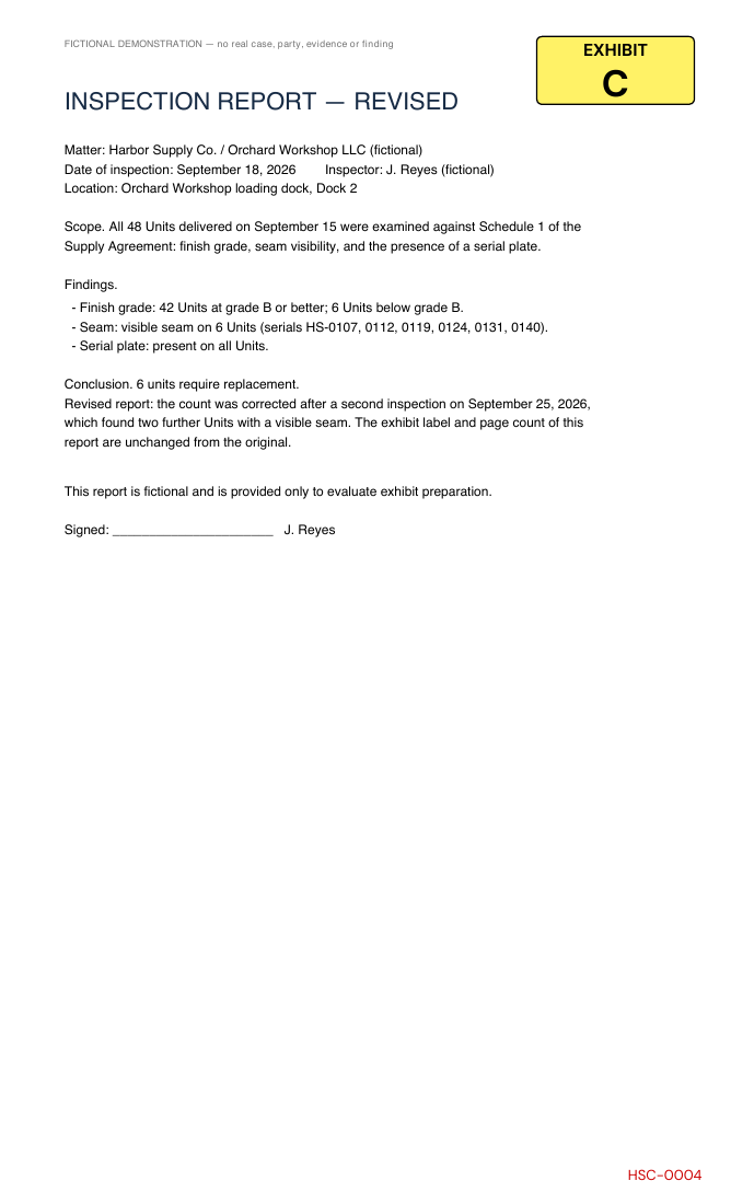 Exhibit C, the revised inspection report, concluding that 6 units require replacement, with the same label and page count