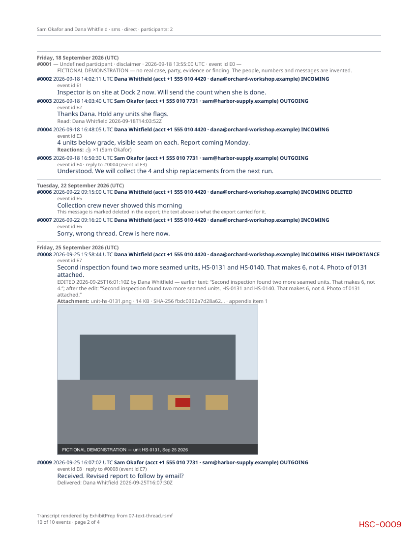 Message ledger of fictional Exhibit G, including timestamps, sender names, and deleted and edited message markers