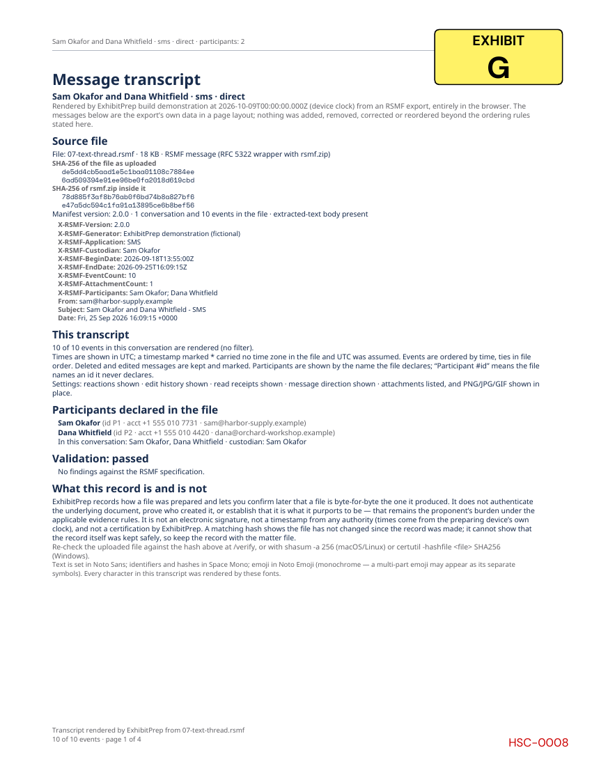 Source-record page of fictional Exhibit G, including file hashes and rendered-event count