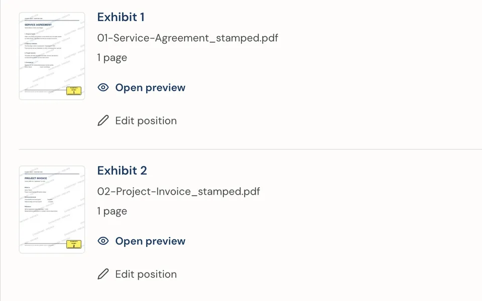 The review screen listing stamped exhibits 1, 2 and 3, each with an Open preview link